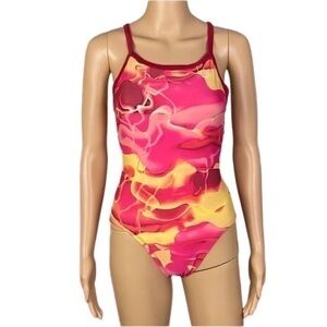 NIKE pink, red and yellow “Fastback” one-piece swimsuit in size 32=6. EUC